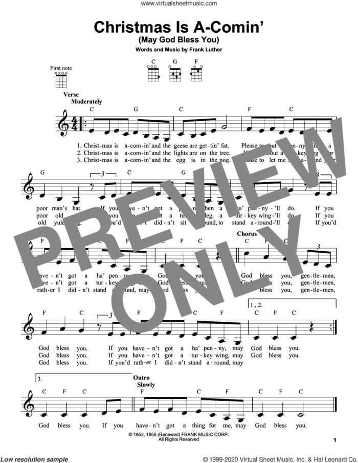 Christmas Is A-Comin' (May God Bless You) sheet music for ukulele by Frank Luther, intermediate skill level