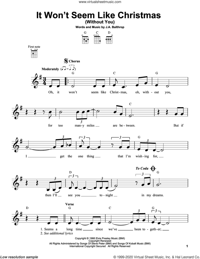It Won't Seem Like Christmas (Without You) sheet music for ukulele by Elvis Presley and J.A. Balthrop, intermediate skill level
