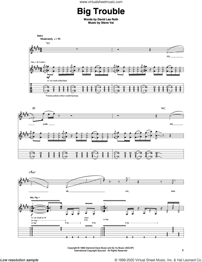 Big Trouble sheet music for guitar (tablature) by David Lee Roth and Steve Vai, intermediate skill level