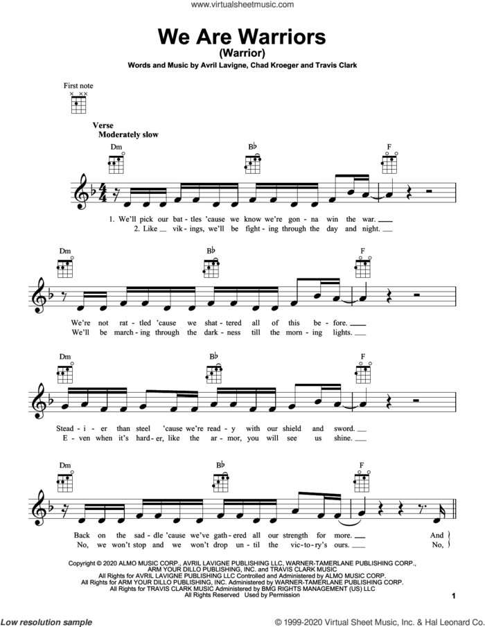 We Are Warriors (Warrior) sheet music for ukulele by Avril Lavigne, Chad Kroeger and Travis Clark, intermediate skill level