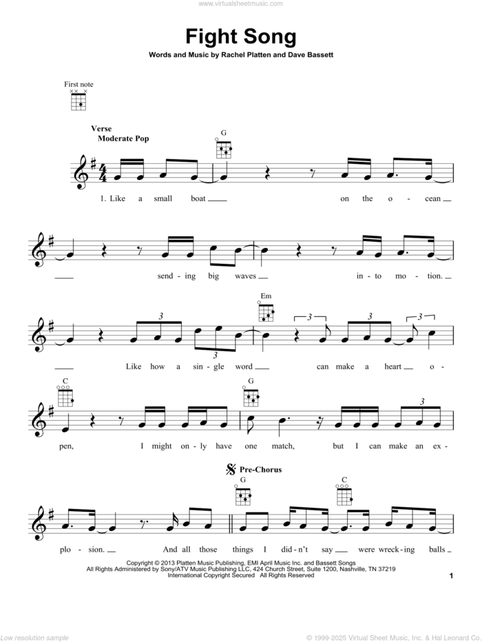 Fight Song sheet music for ukulele by Rachel Platten and Dave Bassett, intermediate skill level