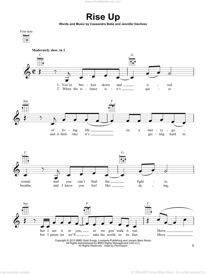 Rise Up sheet music for ukulele by Andra Day, Cassandra Batie and Jennifer Decilveo, intermediate skill level