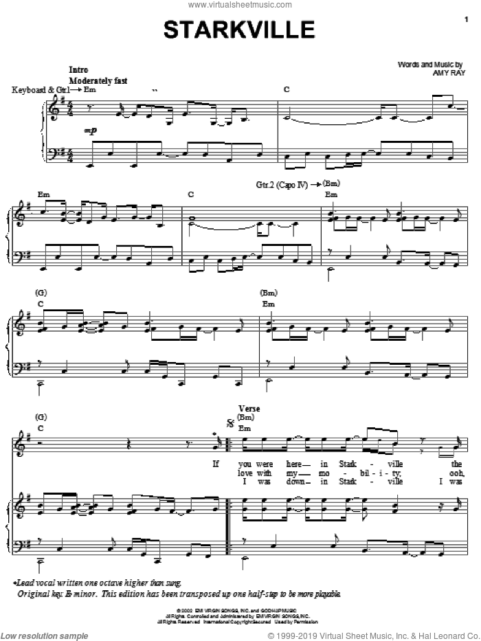 Starkville sheet music for voice, piano or guitar by Indigo Girls and Amy Ray, intermediate skill level