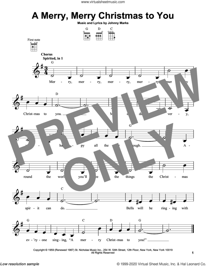 A Merry, Merry Christmas To You sheet music for ukulele by Johnny Marks, intermediate skill level