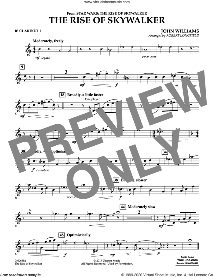 The Rise of Skywalker (from Star Wars: The Rise of Skywalker) sheet music for concert band (Bb clarinet 1) by John Williams and Robert Longfield, intermediate skill level