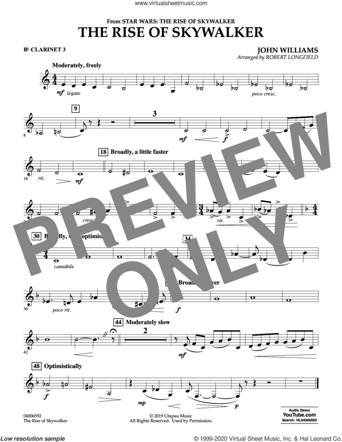 The Rise of Skywalker (from Star Wars: The Rise of Skywalker) sheet music for concert band (Bb clarinet 3) by John Williams and Robert Longfield, intermediate skill level