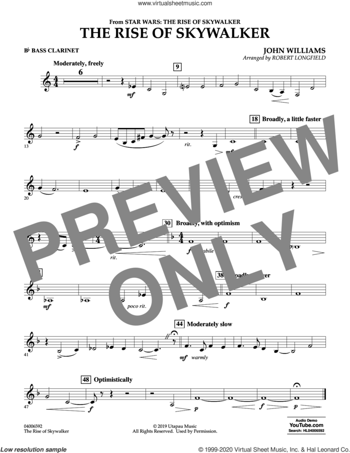 The Rise of Skywalker (from Star Wars: The Rise of Skywalker) sheet music for concert band (Bb bass clarinet) by John Williams and Robert Longfield, intermediate skill level
