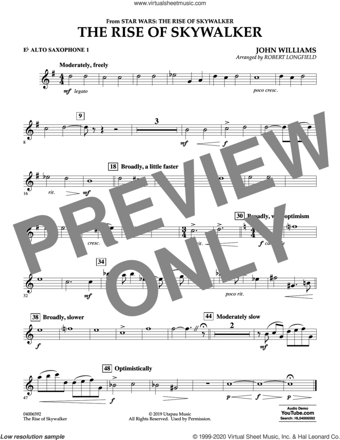 The Rise of Skywalker (from Star Wars: The Rise of Skywalker) sheet music for concert band (Eb alto saxophone 1) by John Williams and Robert Longfield, intermediate skill level