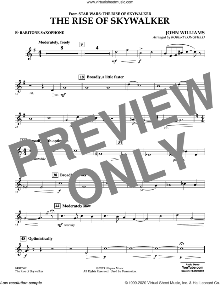 The Rise of Skywalker (from Star Wars: The Rise of Skywalker) sheet music for concert band (Eb baritone saxophone) by John Williams and Robert Longfield, intermediate skill level