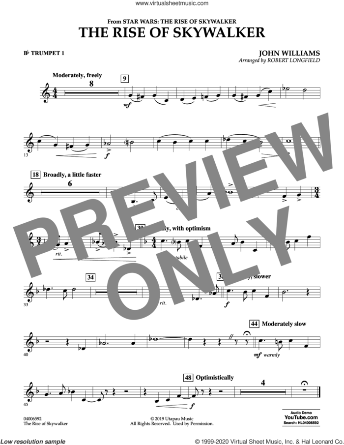 The Rise of Skywalker (from Star Wars: The Rise of Skywalker) sheet music for concert band (Bb trumpet 1) by John Williams and Robert Longfield, intermediate skill level