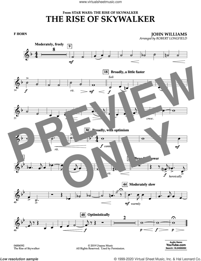 The Rise of Skywalker (from Star Wars: The Rise of Skywalker) sheet music for concert band (f horn) by John Williams and Robert Longfield, intermediate skill level