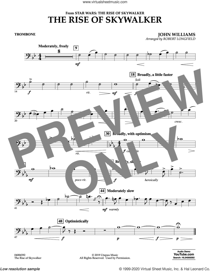 The Rise of Skywalker (from Star Wars: The Rise of Skywalker) sheet music for concert band (trombone) by John Williams and Robert Longfield, intermediate skill level