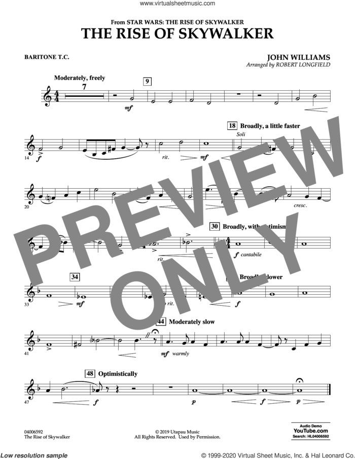 The Rise of Skywalker (from Star Wars: The Rise of Skywalker) sheet music for concert band (baritone t.c.) by John Williams and Robert Longfield, intermediate skill level