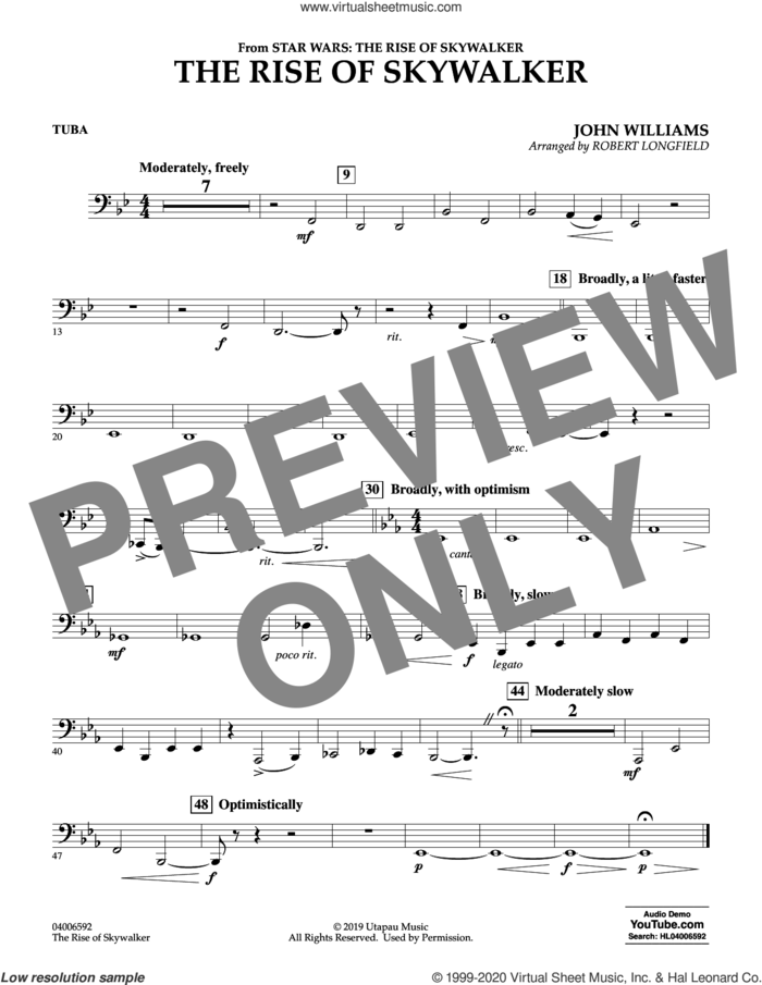 The Rise of Skywalker (from Star Wars: The Rise of Skywalker) sheet music for concert band (tuba) by John Williams and Robert Longfield, intermediate skill level