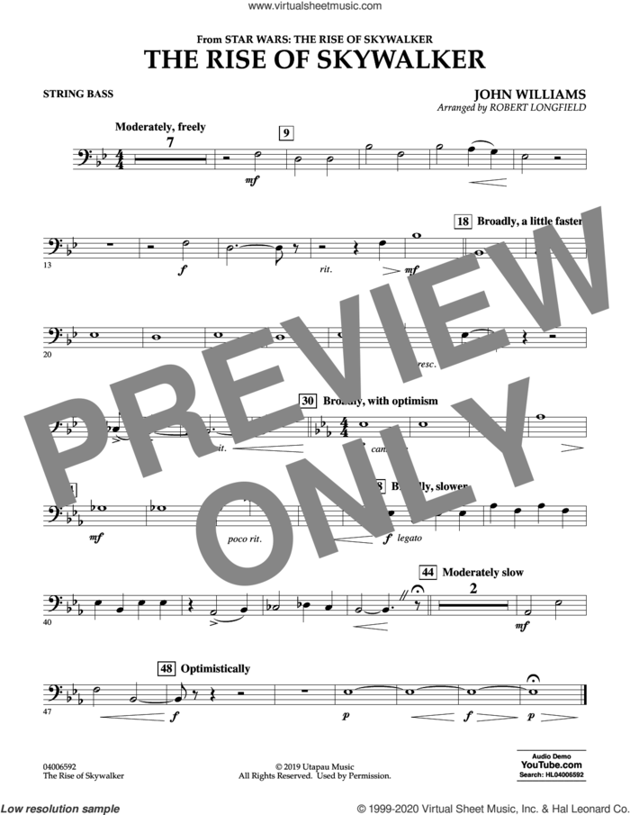 The Rise of Skywalker (from Star Wars: The Rise of Skywalker) sheet music for concert band (string bass) by John Williams and Robert Longfield, intermediate skill level