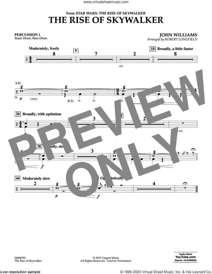 The Rise of Skywalker (from Star Wars: The Rise of Skywalker) sheet music for concert band (percussion 1) by John Williams and Robert Longfield, intermediate skill level