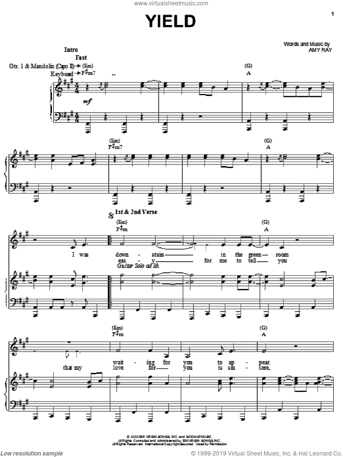 Yield sheet music for voice, piano or guitar by Indigo Girls and Amy Ray, intermediate skill level