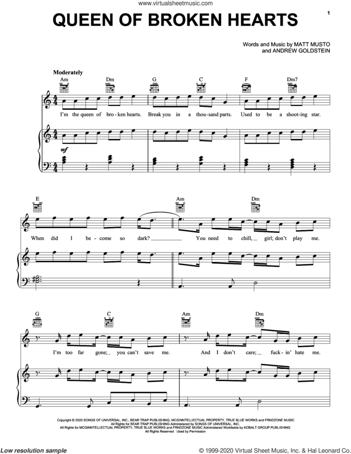 queen of broken hearts sheet music for voice, piano or guitar by blackbear, Andrew Goldstein and Matt Musto, intermediate skill level