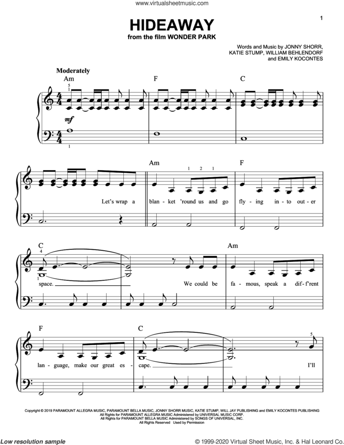 Hideaway (from Wonder Park) sheet music for piano solo by Grace VanderWaal, Emily Kocontes, Jonny Shorr, Katie Stump and William Behlendorf, easy skill level