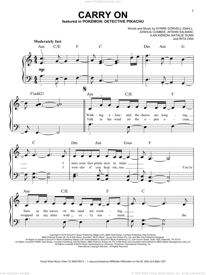 Carry On (from Pokemon: Detective Pikachu) sheet music for piano solo by Kygo & Rita Ora, Afshin Salmani, Ilan Kidron, Joshua Cumbee, Kyrre Gorvell-Dahll, Natalie Dunn and Rita Ora, easy skill level