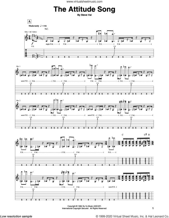 The Attitude Song sheet music for guitar (tablature) by Steve Vai, intermediate skill level