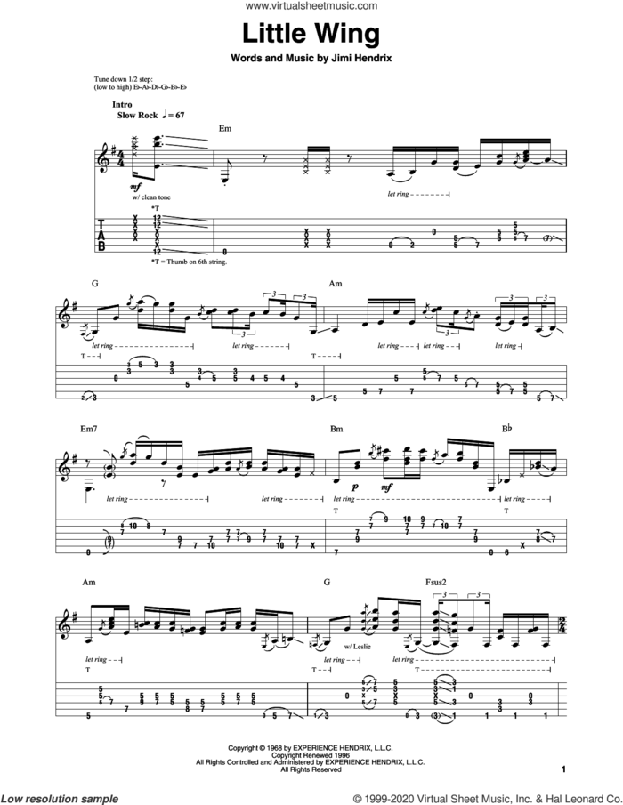 Little Wing sheet music for guitar (tablature, play-along) by Jimi Hendrix and Metallica, intermediate skill level
