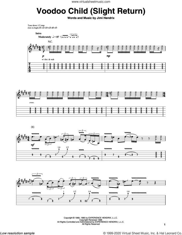 Voodoo Child (Slight Return) sheet music for guitar (tablature, play-along) by Jimi Hendrix and Stevie Ray Vaughan, intermediate skill level