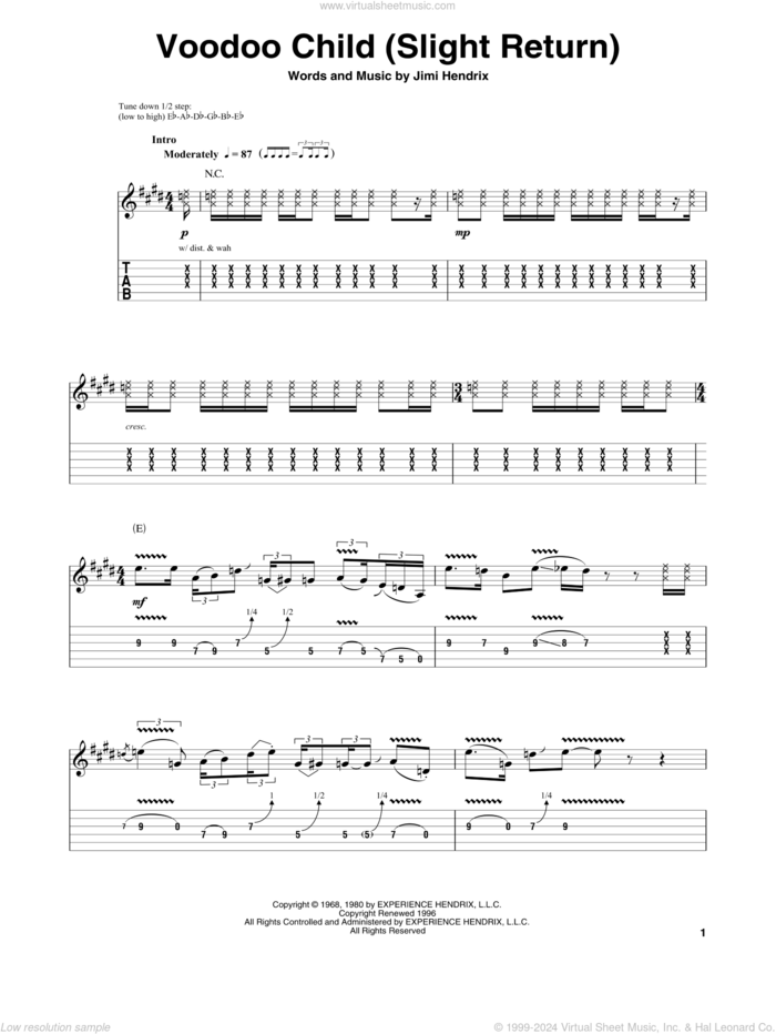 Voodoo Child (Slight Return) sheet music for guitar (tablature, play-along) by Jimi Hendrix and Stevie Ray Vaughan, intermediate skill level