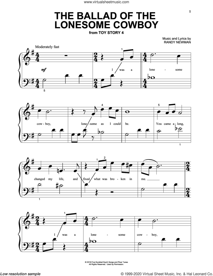 The Ballad Of The Lonesome Cowboy (from Toy Story 4), (beginner) sheet music for piano solo by Chris Stapleton and Randy Newman, beginner skill level