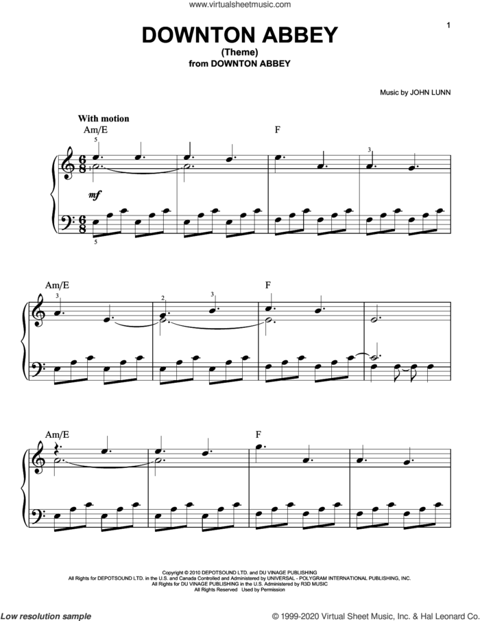 Downton Abbey (Theme), (easy) sheet music for piano solo by John Lunn, easy skill level