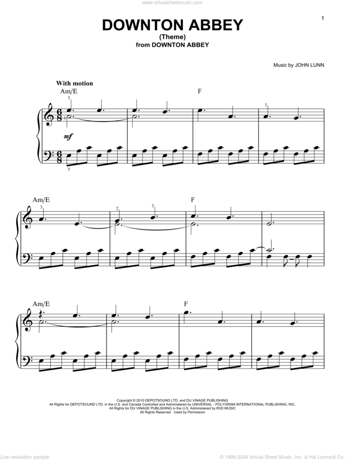 Downton Abbey (Theme), (easy) sheet music for piano solo by John Lunn, easy skill level