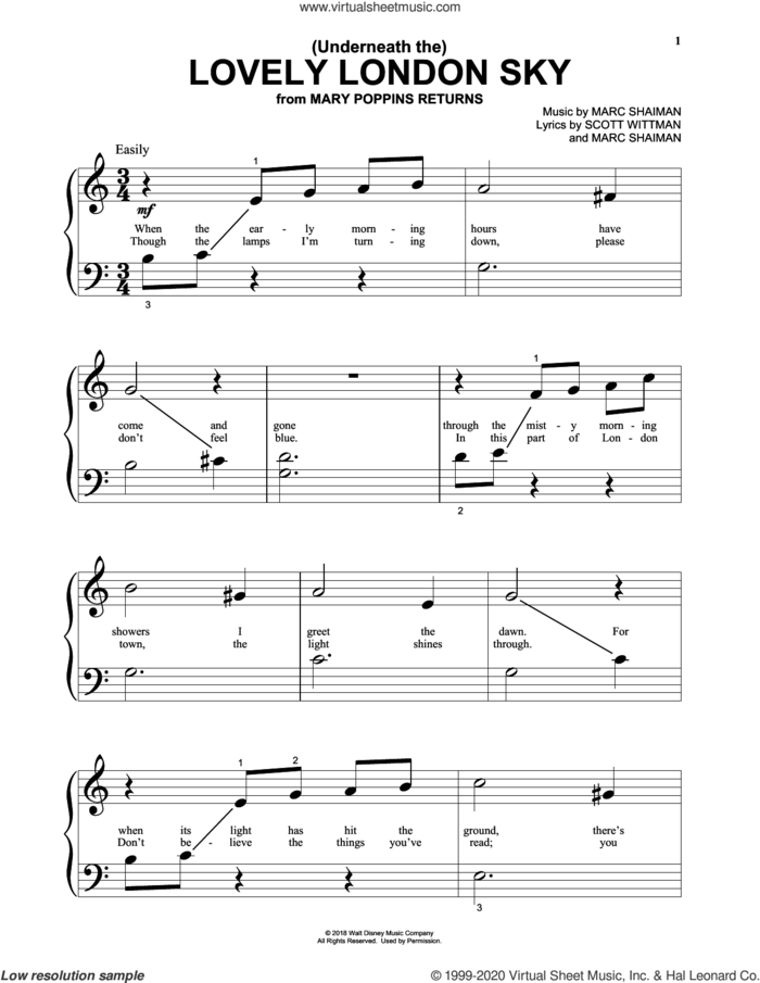 (Underneath The) Lovely London Sky (from Mary Poppins Returns) sheet music for piano solo (big note book) by Lin-Manuel Miranda, Marc Shaiman and Scott Wittman, easy piano (big note book)