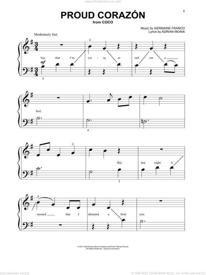 Proud Corazon (from Coco) sheet music for piano solo (big note book) by Germaine Franco, Adrian Molina and Germaine Franco & Adrian Molina, easy piano (big note book)