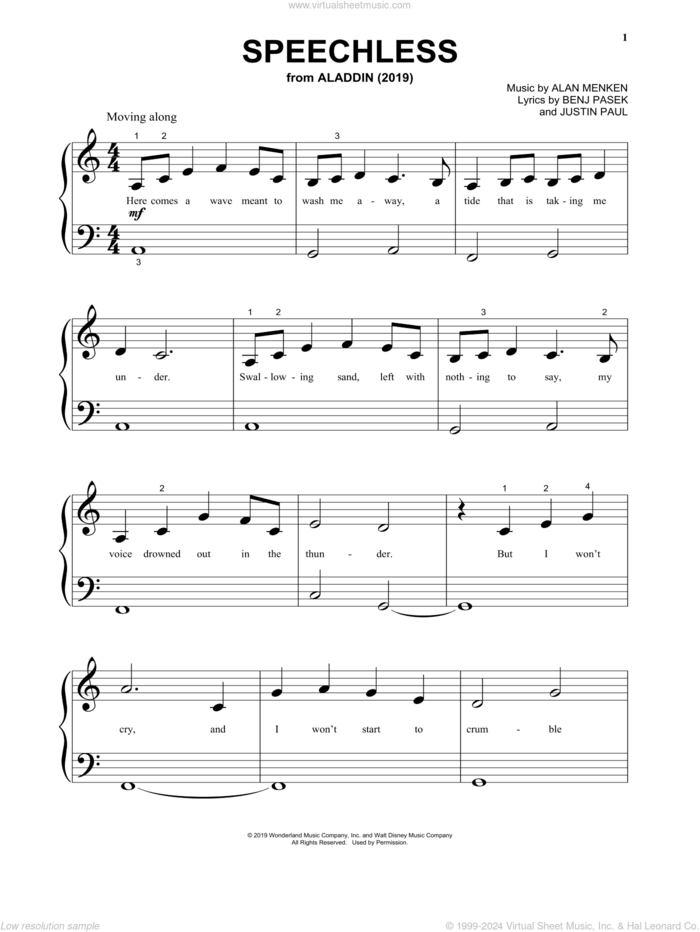 Speechless (from Disney's Aladdin) sheet music for piano solo by Naomi Scott, Alan Menken, Benj Pasek and Justin Paul, beginner skill level