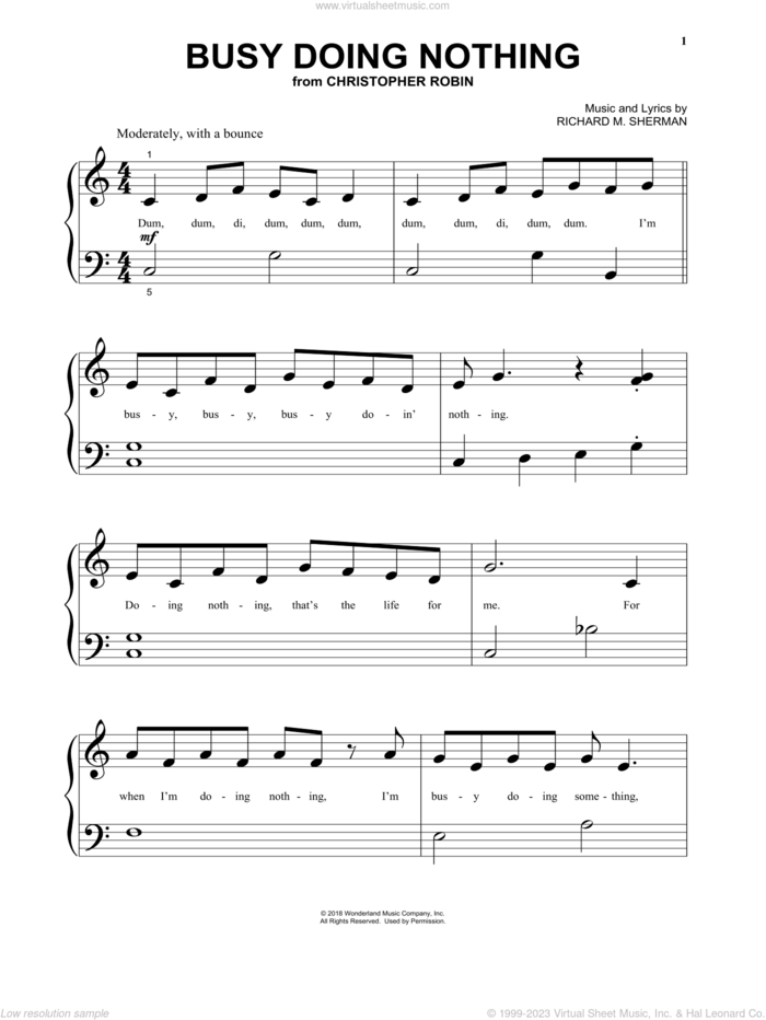 Busy Doing Nothing (from Christopher Robin) sheet music for piano solo by Richard M. Sherman, beginner skill level