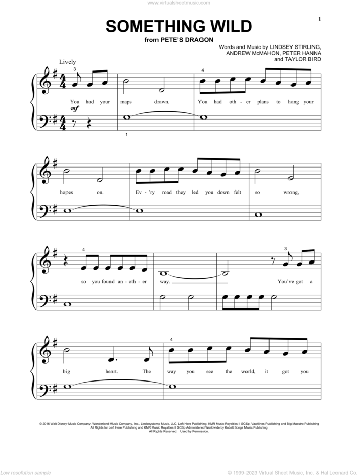Something Wild (from the Motion Picture Pete's Dragon) sheet music for piano solo (big note book) by Lindsey Stirling, Andrew McMahon, Peter Hanna and Taylor Bird, easy piano (big note book)