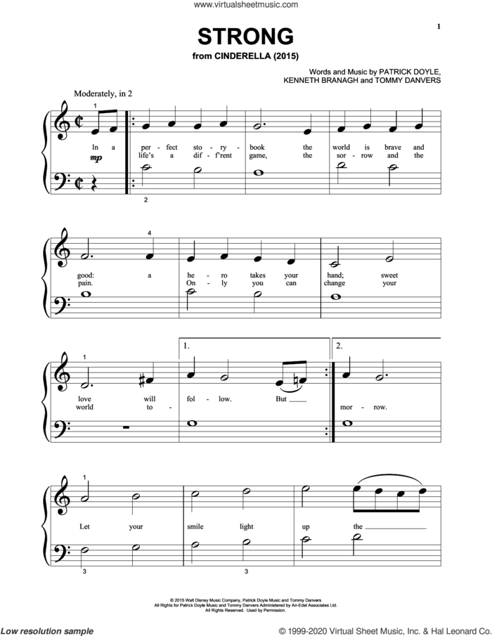 Strong (from the Motion Picture Cinderella), (beginner) sheet music for piano solo by Sonna, Kenneth Branagh, Patrick Doyle and Tommy Danvers, beginner skill level