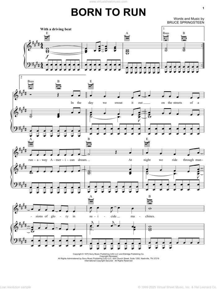 Born To Run sheet music for voice, piano or guitar by Bruce Springsteen, intermediate skill level