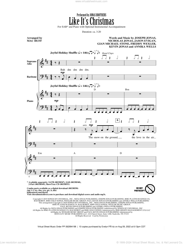 Like It's Christmas (arr. Mac Huff) sheet music for choir (SAB: soprano, alto, bass) by Jonas Brothers, Mac Huff, Annika Wells, Freddy Wexler, Gian Michael Stone, Jason Evigan, Joseph Jonas, Kevin Jonas and Nicholas Jonas, intermediate skill level