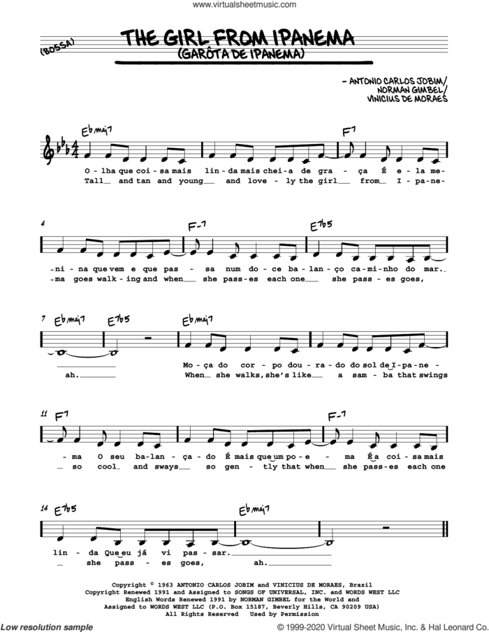 The Girl From Ipanema (Garota De Ipanema) sheet music for voice and other instruments (in Bb) by Norman Gimbel, Antonio Carlos Jobim and Vinicius de Moraes, intermediate skill level