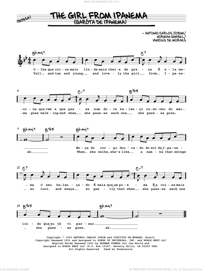 The Girl From Ipanema (Garota De Ipanema) sheet music for voice and other instruments (in Eb) by Norman Gimbel, Antonio Carlos Jobim and Vinicius de Moraes, intermediate skill level