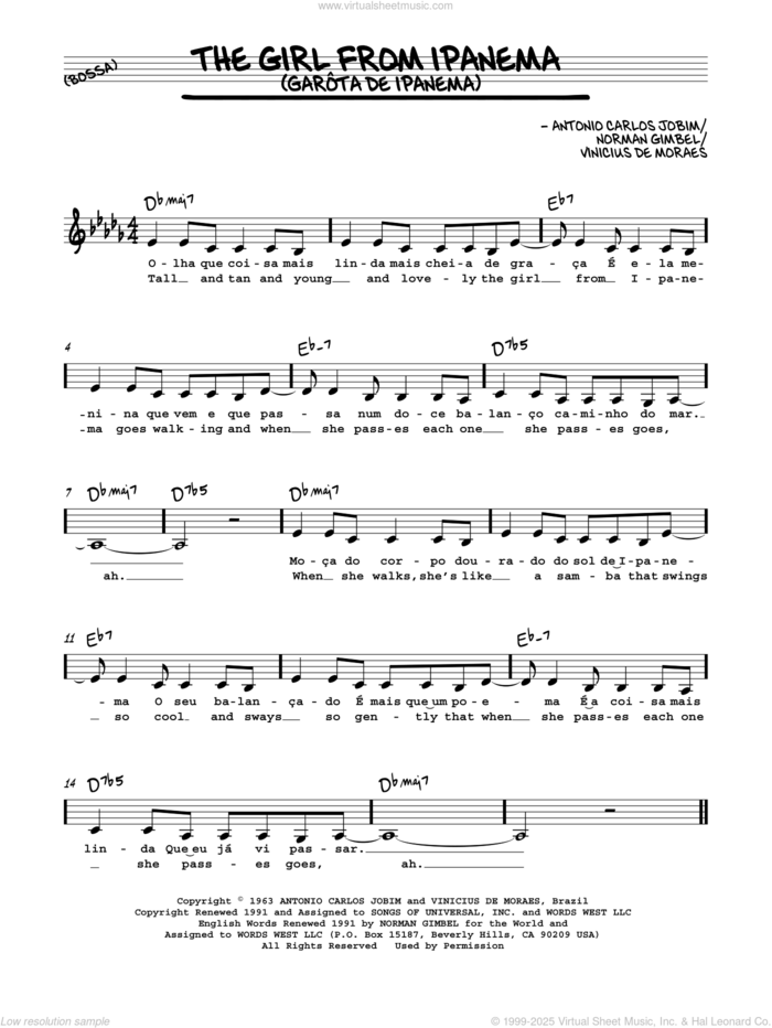 The Girl From Ipanema (Garota De Ipanema) sheet music for voice and other instruments (in C) by Norman Gimbel, Antonio Carlos Jobim and Vinicius de Moraes, intermediate skill level