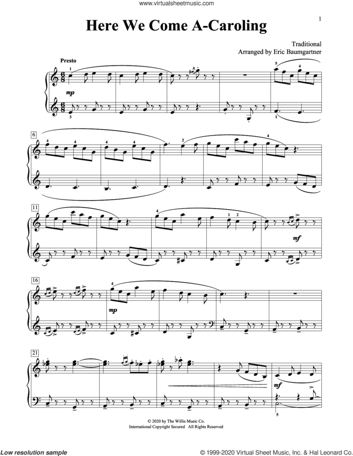 Here We Come A-Caroling [Jazz version] (arr. Eric Baumgartner) sheet music for piano solo (elementary)  and Eric Baumgartner, beginner piano (elementary)