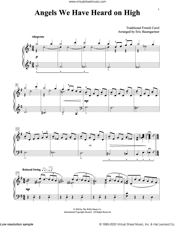 Angels We Have Heard On High [Jazz version] (arr. Eric Baumgartner) sheet music for piano solo (elementary)  and Eric Baumgartner, beginner piano (elementary)