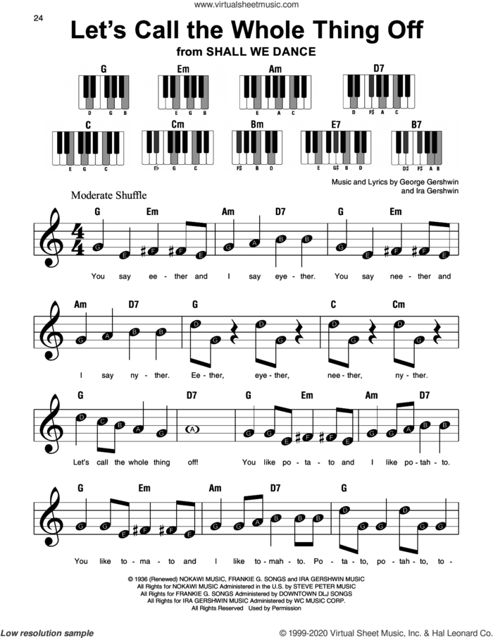 Let's Call The Whole Thing Off (from Shall We Dance) sheet music for piano solo by Ira Gershwin, George  Gershwin and George Gershwin & Ira Gershwin, beginner skill level