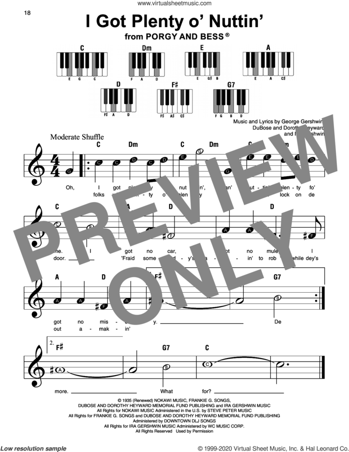 I Got Plenty O' Nuttin' (from Porgy and Bess) sheet music for piano solo by George Gershwin, Dorothy Heyward, DuBose Heyward, George  Gershwin, George Gershwin & Ira Gershwin and Ira Gershwin, beginner skill level