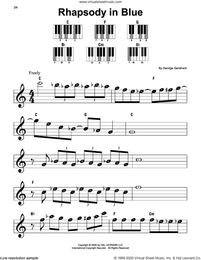 Rhapsody In Blue, (beginner) sheet music for piano solo by George Gershwin, classical score, beginner skill level