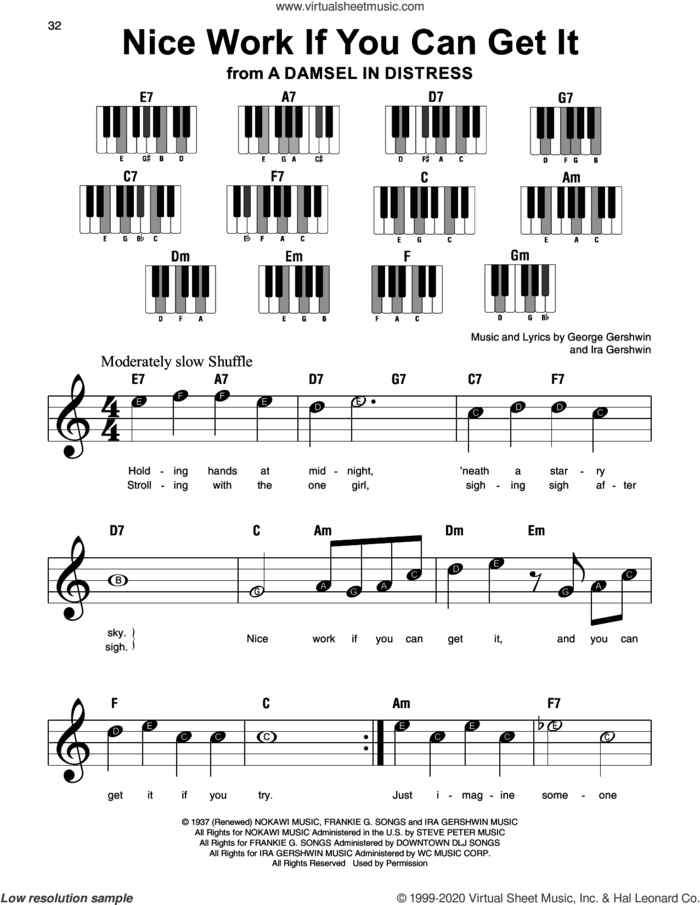 Nice Work If You Can Get It (from A Damsel In Distress) sheet music for piano solo by George Gershwin, Frank Sinatra, George Gershwin & Ira Gershwin and Ira Gershwin, beginner skill level