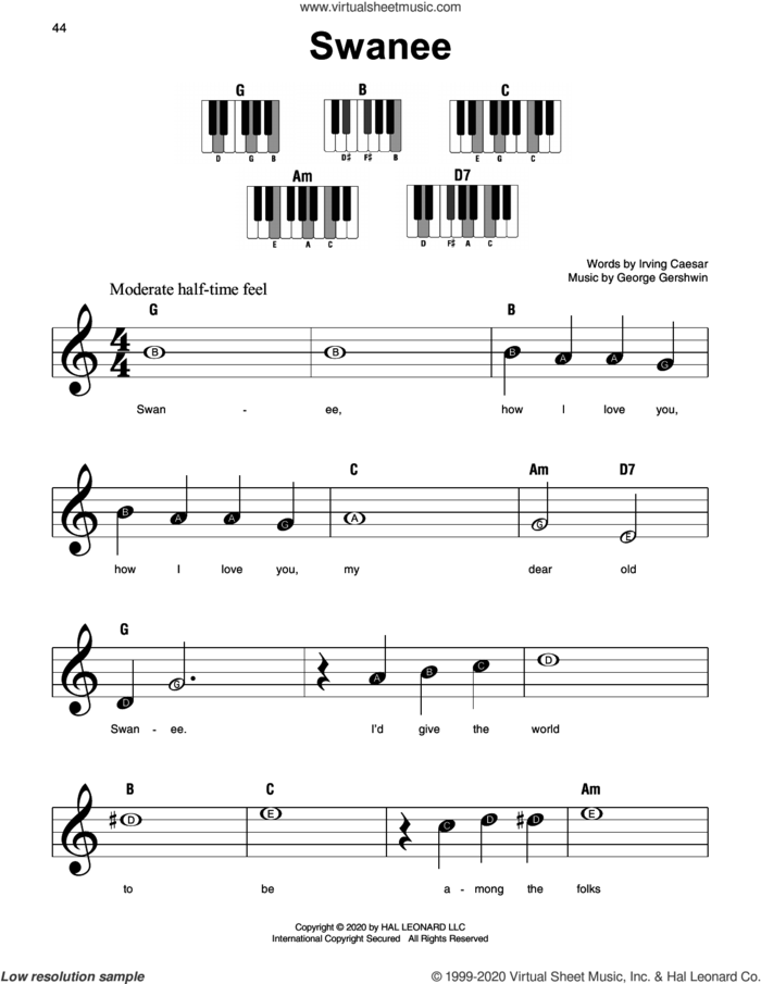 Swanee, (beginner) sheet music for piano solo by George Gershwin and Irving Caesar, beginner skill level
