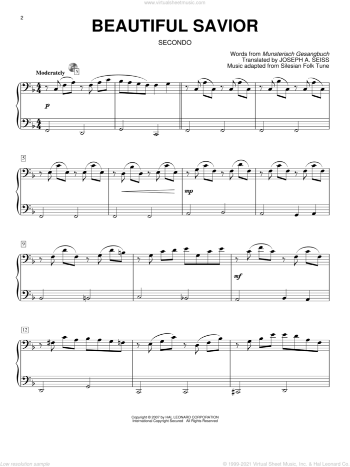 Beautiful Savior (arr. Larry Moore) sheet music for piano four hands by Musterisch Gesangbuch and Joseph August Seiss, intermediate skill level